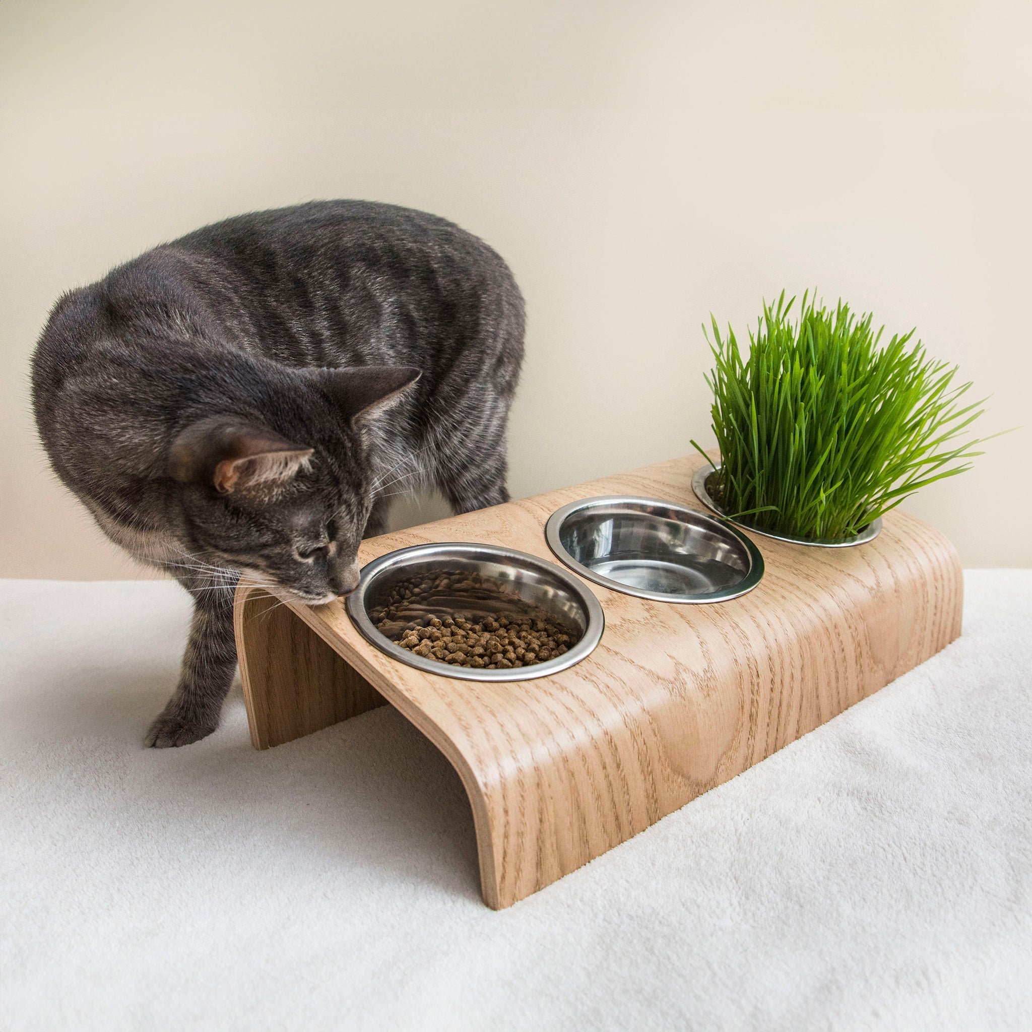 Wooden Elevated Cat and Dog Bowl Stand with 3 Bowls-0
